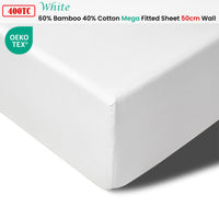 Accessorize 400TC White Bamboo Cotton Mega / Super Fitted Sheet 50cm Wall Queen