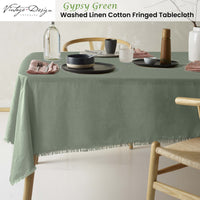 Vintage Design Homewares Gypsy Green Fringed Washed Linen Cotton Tablecloth 150cm x 230cm