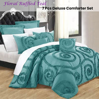 Ramesses Floral Ruffled Teal 7 Pcs Deluxe Comforter Set King