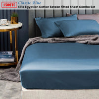 Ramesses 1500TC Elite Egyptian Cotton Sateen Fitted Sheet Combo Set Classic Blue King Single