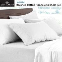 Logan and Mason Soft Brushed Cotton Flannelette Sheet Set White 40cm Wall King