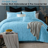 Cotton Rich Lightly Quilted Coverlet Set Floriade Aqua Queen