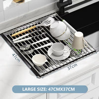 Kitchen Roll-Up Dish Drying Rack Foldable Drainer Over Sink 304-Stainless Steel(Large:47*37cm)