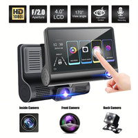 Front and Rear Triple Lens Dash Cam 1080P HD 4-inch touch screen wide-angle lens