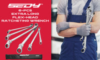 SEDY 6Pcs Extra Long Flex-Head Ratchet Spanner Set Double Box End Spanner 8-19mm