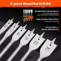 6-Pieces Flat Wood Boring Spade Drill Bit Set Drillbits 10-25mm Bits 1/4" Shank