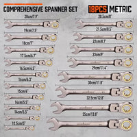 HORUSDY 18Pc Flexi-Head Ratchet Spanner Set Metric 6-30mm Spanners Nickle Plated