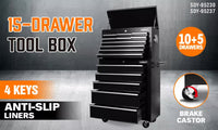 Black15 Drawer Tool Box Trolley Cabinet Storage Cart Garage Toolbox Organiser