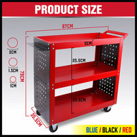 3-Tier Heavy Duty Steel Tool Trolley - Workshop Cart with Pegboard, Hooks and Locking Swivel Casters