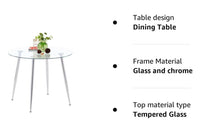 Glass Dining Table, Modern Round Kitchen Table, Modern Dinner Table with Spacious Tempered Glass Tabletop & Chromed Legs for Home & Office, 80x70cm