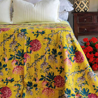 Mustard Peony Kantha Bedspread Coverlet - Mustard (King - 228 cm x 274 cm)