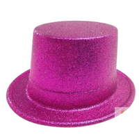 12x GLITTER TOP HAT Fancy Party Plastic Costume Tall Cap Fun Dress Up BULK - Hot Pink