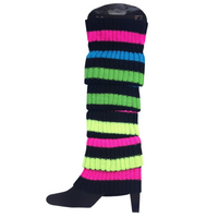 RAINBOW LEG WARMERS Stocking Ribbed High Knitted Socks Chunky Dance 80s Party - Hot Pink with Black Stripe