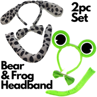 2pc Set Animal Headband w Bow Tail Dog + Frog Ears Hair Costume Halloween Party