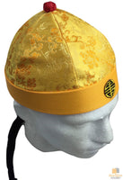 CHINESE LANDLORD HAT Oriental Asian Cap w Ponytail Party Costume Traditional - Yellow