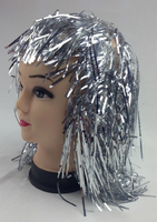 Tinsel Metallic Wig 70s 50s 20s Costume Mens Womens Unisex Disco Fancy Dress Up - Silver