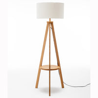 Natural Wooden Tripod Floor Lamp w/ Round Wood Shelf + Off White Linen Shade