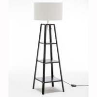 Eiffel 3 Tier Natural Wood Floor Lamp w/ Storage Shelves + Off White Linen Shade