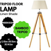 LARGE TRIPOD FLOOR LAMP Linen Shade Modern Light Bamboo Vintage Wooden Retro