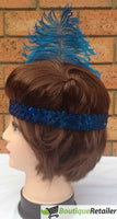 1920s FLAPPER HEADBAND Headpiece Feather Sequin Charleston Costume Gatsby Dance - Blue