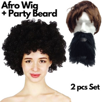 2pc Set Black Jumbo Afro Wig + Party Beard Moustache Costume Fancy Dress Fake Hair
