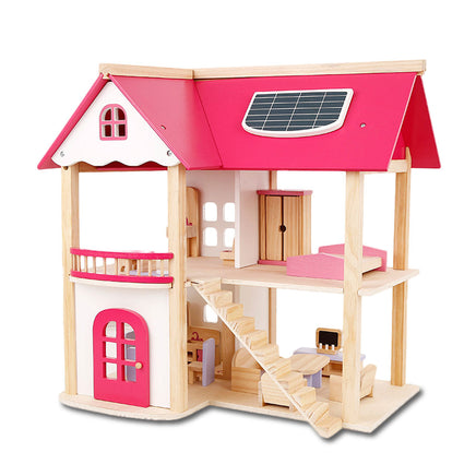 Wooden DIY Dolls Doll House 2 Level Kids Pretend Play Toys Full Furniture Set