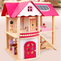 Wooden DIY Dolls Doll House 2 Level Kids Pretend Play Toys Full Furniture Set