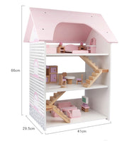 Wooden DIY Dolls Doll House 3 Level Kids Pretend Play Toys Full Furniture Set Pink