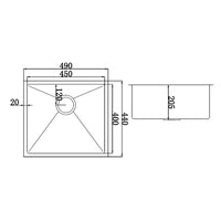 490x440mm Handmade Stainless Steel Undermount / Topmount Kitchen Laundry Sink with Waste