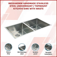 865x440mm Handmade Stainless Steel Undermount / Topmount Kitchen Sink with Waste