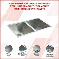 770x450mm Handmade Stainless Steel Undermount / Topmount Kitchen Sink with Waste