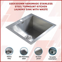 530x505mm Handmade Stainless Steel Topmount Kitchen Laundry Sink with Waste