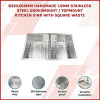 835x505mm Handmade 1.5mm Stainless Steel Undermount / Topmount Kitchen Sink with Square Waste