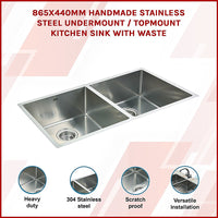 865x440mm Handmade Stainless Steel Undermount / Topmount Kitchen Sink with Waste