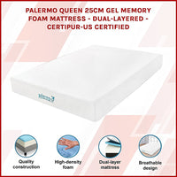 Palermo Queen 25cm Gel Memory Foam Mattress - Dual-Layered - CertiPUR-US Certified