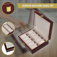 10 Grids Wooden Watch Case Glass Jewellery Storage Holder Box Wood Display