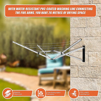 26m 5 Arm Wall Hang Mountable Clothes Airer Dryer Washing Line Bathroom Kitchen