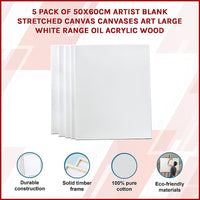 5 pack of 50x60cm Artist Blank Stretched Canvas Canvases Art Large White Range Oil Acrylic Wood