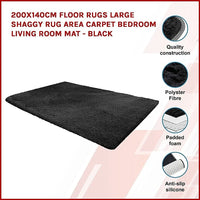 Large Shag Rug – Soft 200x140cm Black Floor Rug with Anti-Slip Backing