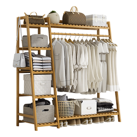 Portable Clothes Rack Coat Garment Stand Bamboo Rail Hanger Airer Closet