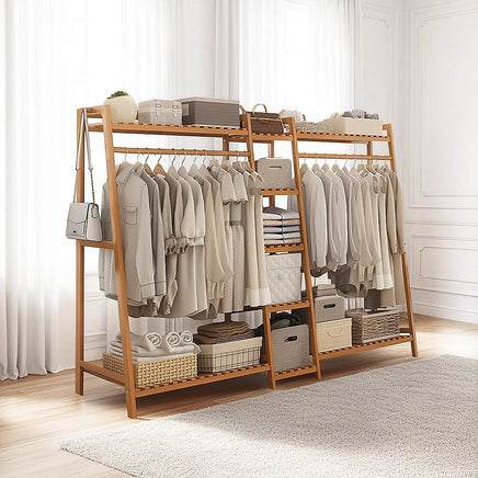 Portable Clothes Rack Coat Garment Stand Bamboo Rail Hanger Airer Closet