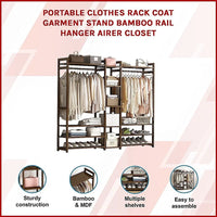 Portable Clothes Rack Coat Garment Stand Bamboo Rail Hanger Airer Closet