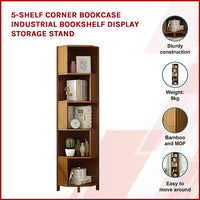 5-Shelf Corner Bookcase Industrial Bookshelf Display Storage Stand