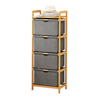 Bamboo Shelf with Storage Hamper – Wooden Organiser with Three-Set Rack Removable Laundry Bags