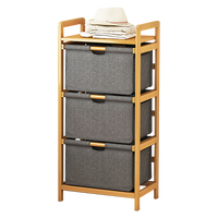 Bamboo Shelf with Storage Hamper – Wooden Organiser with Three-Set Rack Removable Laundry Bags