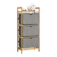 Bamboo Shelf with Storage Hamper – Wooden Organiser with Three-Set Rack Removable Laundry Bags