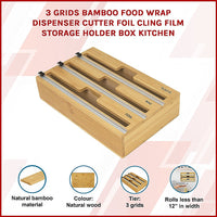 3 Grids Bamboo Food Wrap Dispenser Cutter Foil Cling Film Storage Holder Box Kitchen