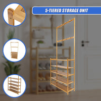 Large Wooden 5 Tiers Hat Coat Stand Clothes Shoe Rack Hanger Hooks Shelf Storage