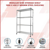 Modular Wire Storage Shelf 1500 x 450 x 1920mm Steel Shelving with Wheels