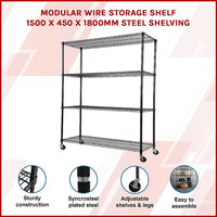 Modular Wire Storage Shelf 1500 x 450 x 1920mm Steel Shelving with Wheels